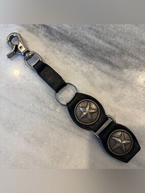 Fossil Men’s Leather Keychain Stars Lonestar Black Silver Vintage Biker Western